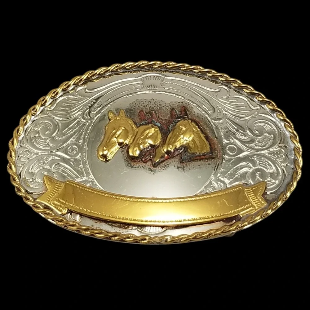 Western‎ Belt Buckle German Silver Engraved Three Horses Gold Banner USA Made